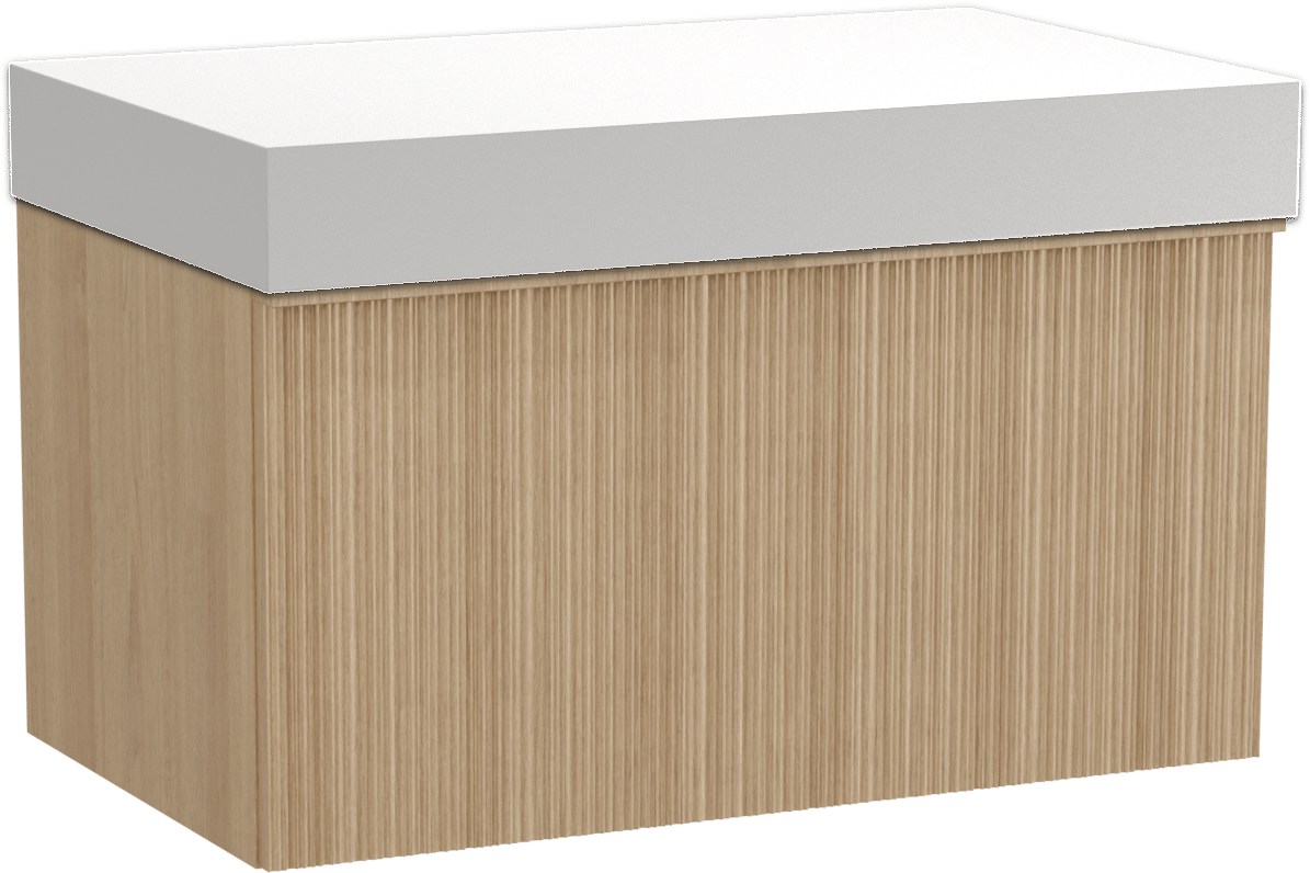 Balmani Forma meuble salle de bains suspendu 90 x 55 cm chêne naturel avec Dominus tablette simple en solid surface blanc mat, Nervure circulaire asymétrique verticale