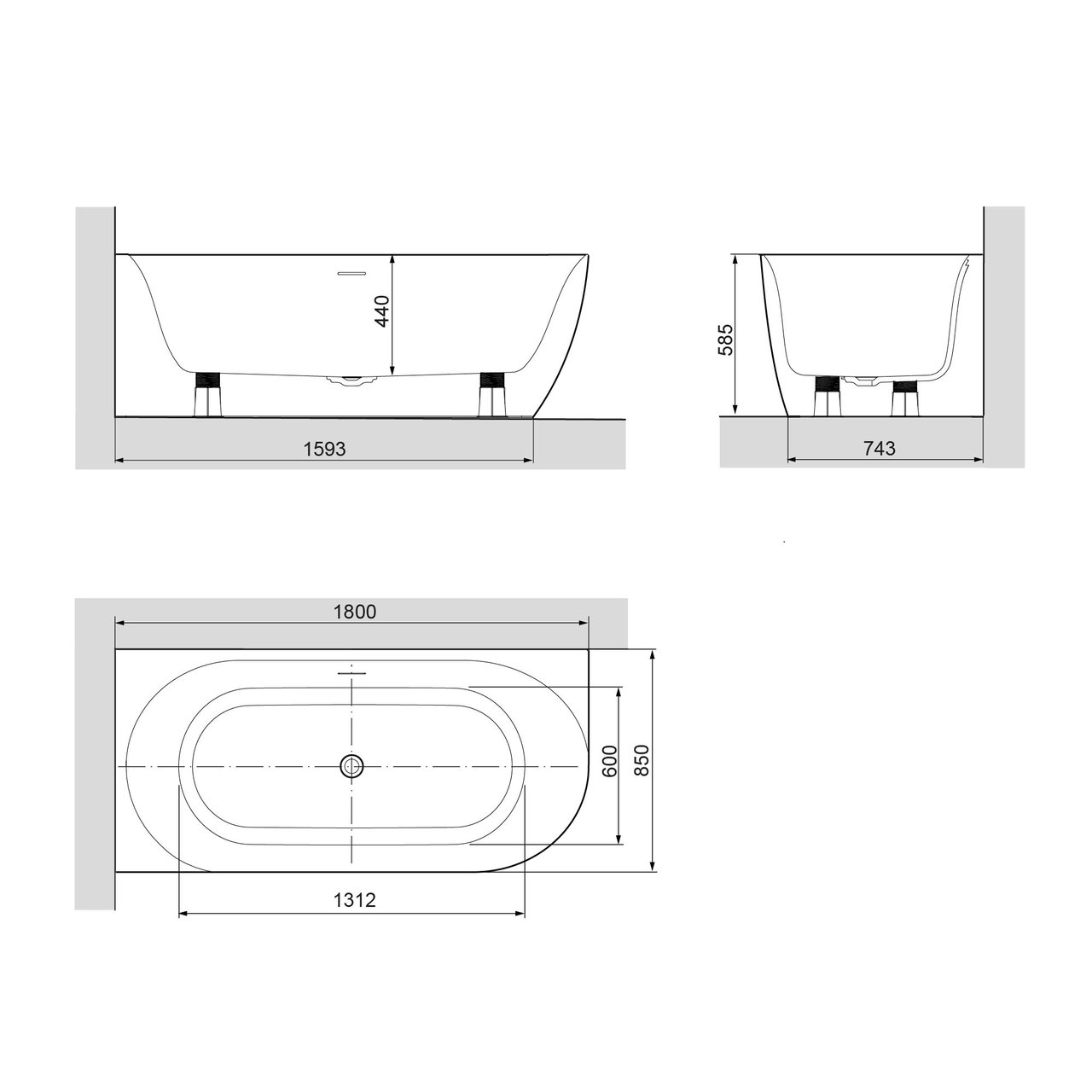 Luca Varess Otello baignoire d'angle gauche double 180 x 85 cm acrylique blanc mat, bonde incluse