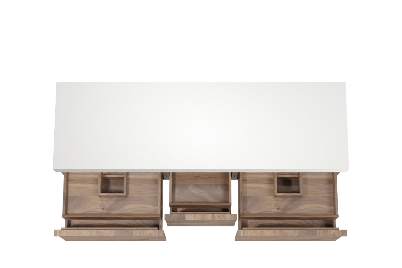 Balmani Forma zwevend badkamermeubel 180 x 55 cm amerikaanse notelaar met Dominus enkel of dubbel tablet in solid surface mat wit, Horizontale symmetrische rechte ribbel