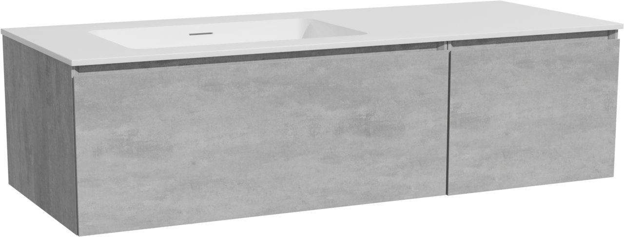 Storke Edge zwevend badmeubel 130 x 52 cm beton donkergrijs met Mata asymmetrisch linkse wastafel in solid surface mat wit