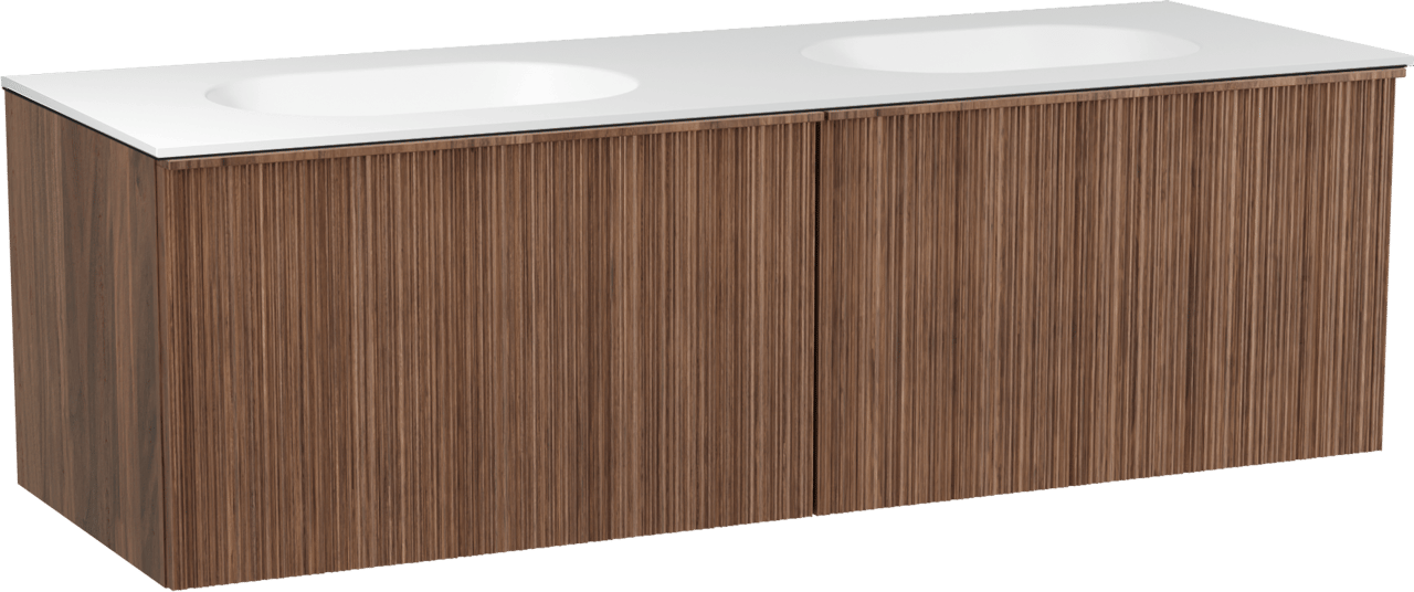 Balmani Forma zwevend badmeubel 150 x 55 cm amerikaans notenhout met Tablo Oval dubbele wastafel in solid surface mat wit, Verticale asymmetrische ronde ribbel