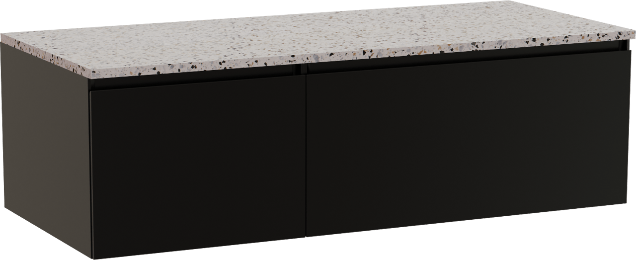 Storke Edge zwevend badmeubel 120 x 52 cm mat zwart met Tavola enkel of dubbel wastafelblad in mat wit/zwart terrazzo