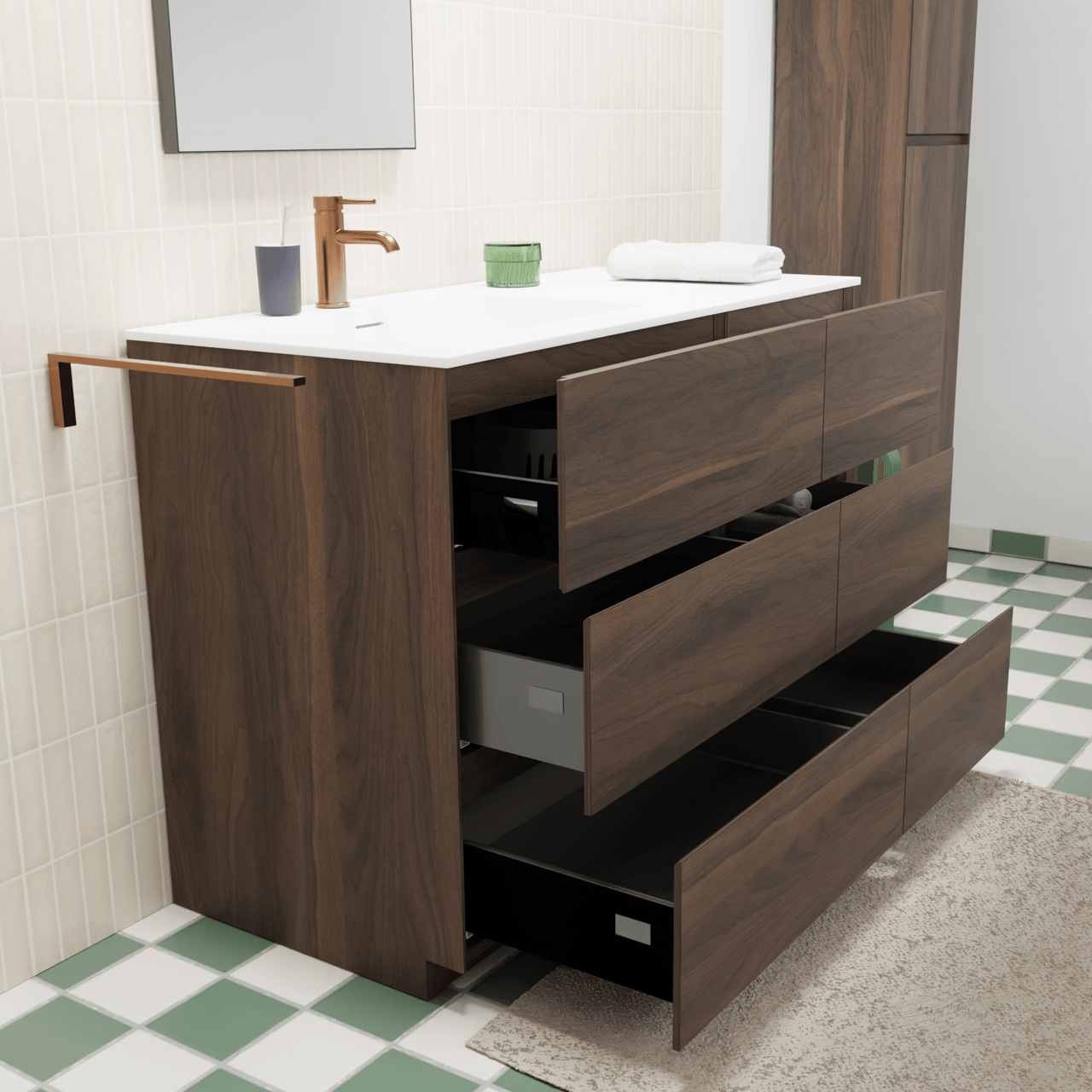Storke Edge freistehendes Möbelstück Set: 110 x 52 cm, Nussbaum, mit Mata Waschtisch links, Solid Surface Weiß matt