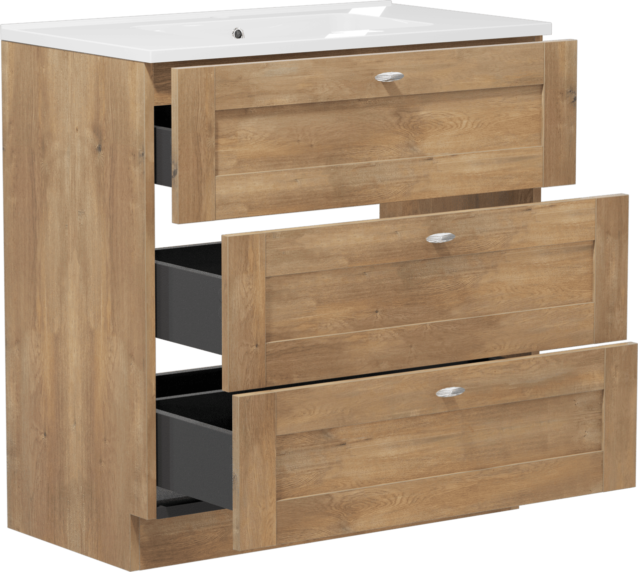 Linie Classo staand badkamermeubel 80 x 46 cm natuur eik met Vano enkele wastafel in composietmarmer glanzend wit