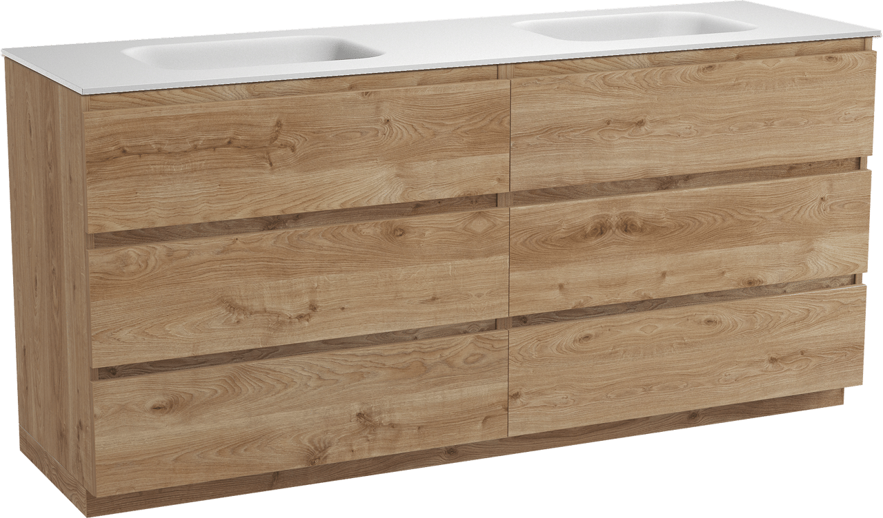 Balmani Lucida freistehendes Möbelstück Set: 180 x 55 cm, Rohe Eiche, mit Tablo Arcato Doppelwaschtisch, Solid Surface Weiß matt