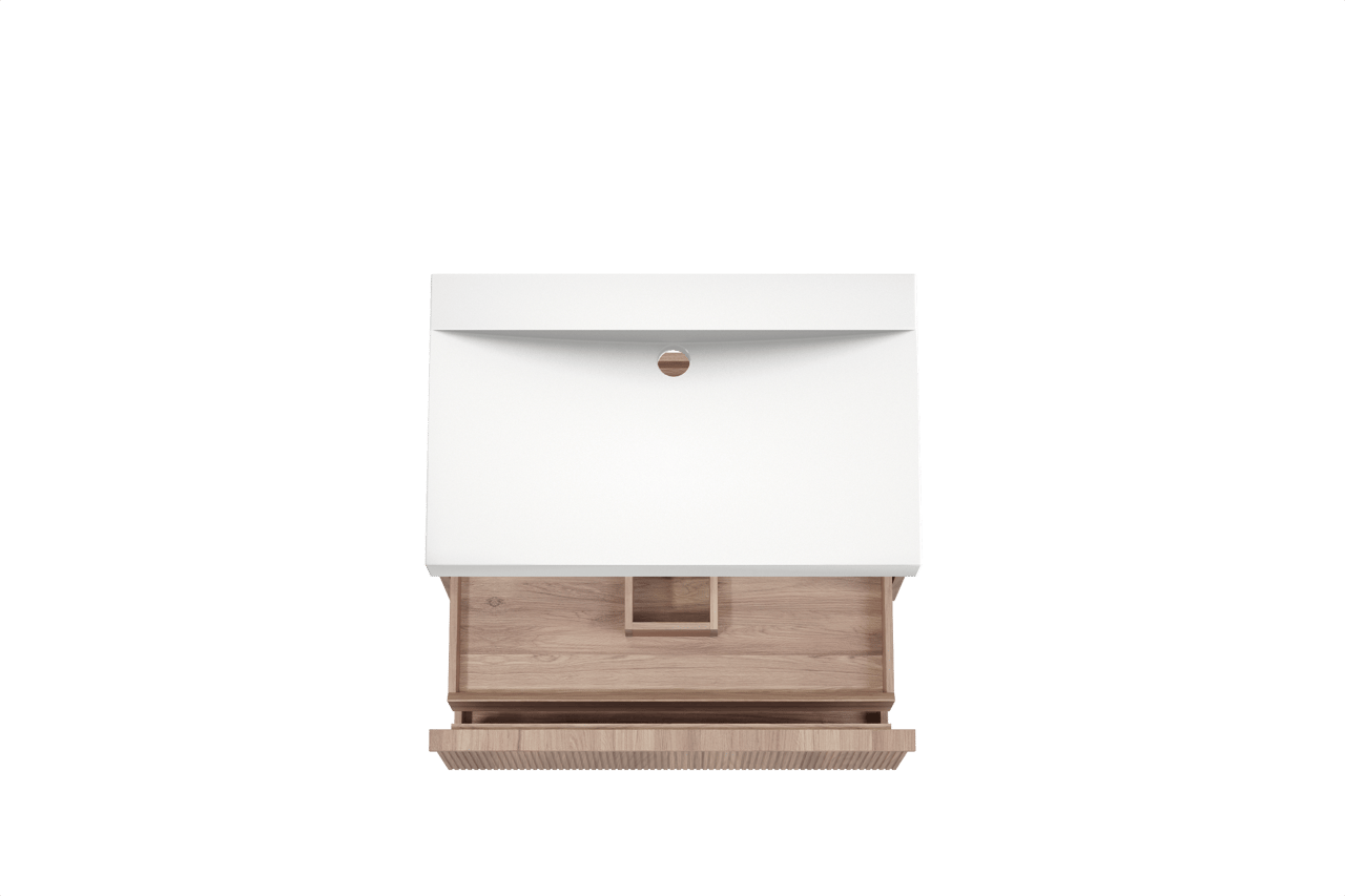 Balmani Forma zwevend badkamermeubel 90 x 55 cm teak met Wave enkele wastafel in solid surface mat wit, Verticale symmetrische rechte ribbel