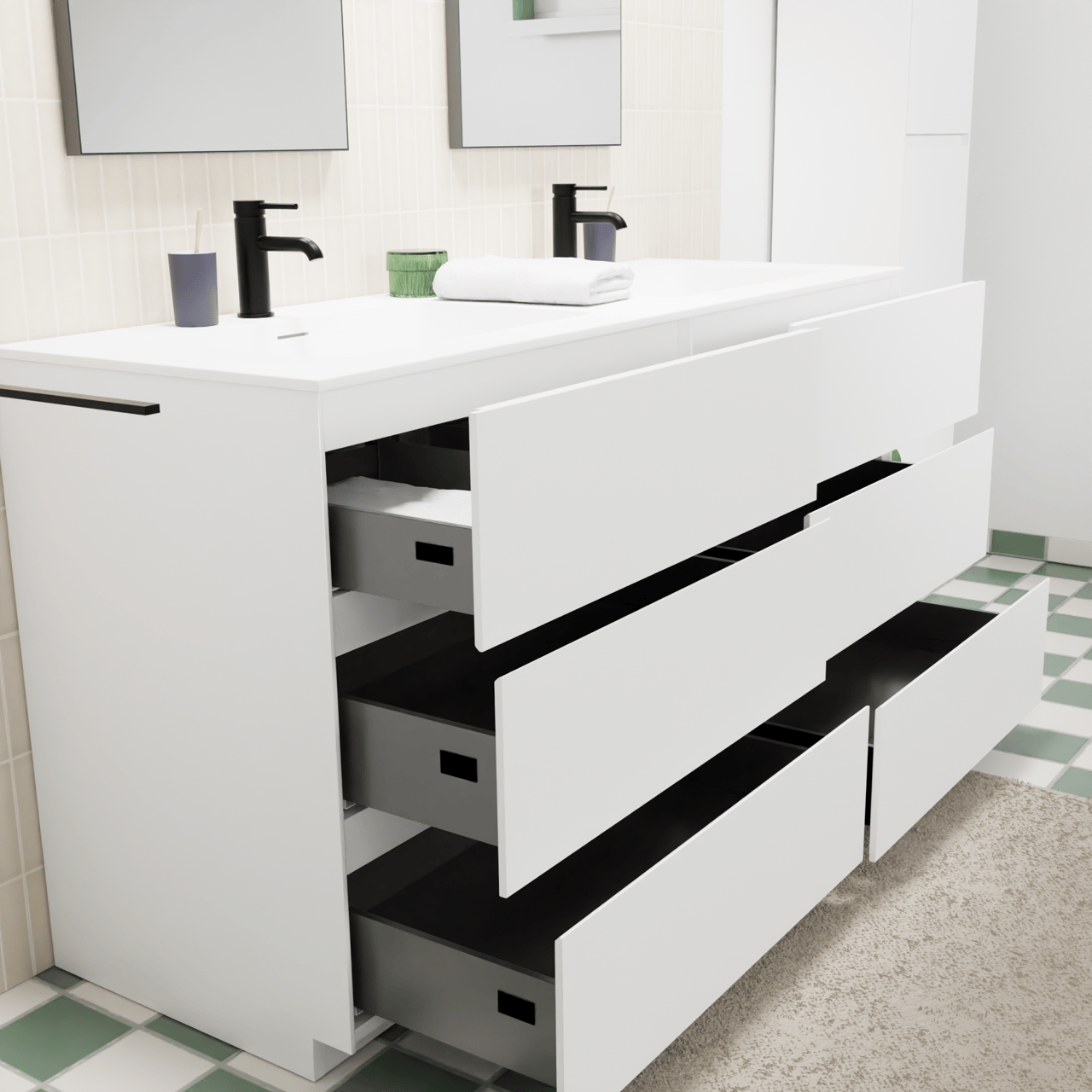 Storke Edge staand badkamermeubel 150 x 52 cm mat wit met Mata dubbele wastafel in solid surface mat wit