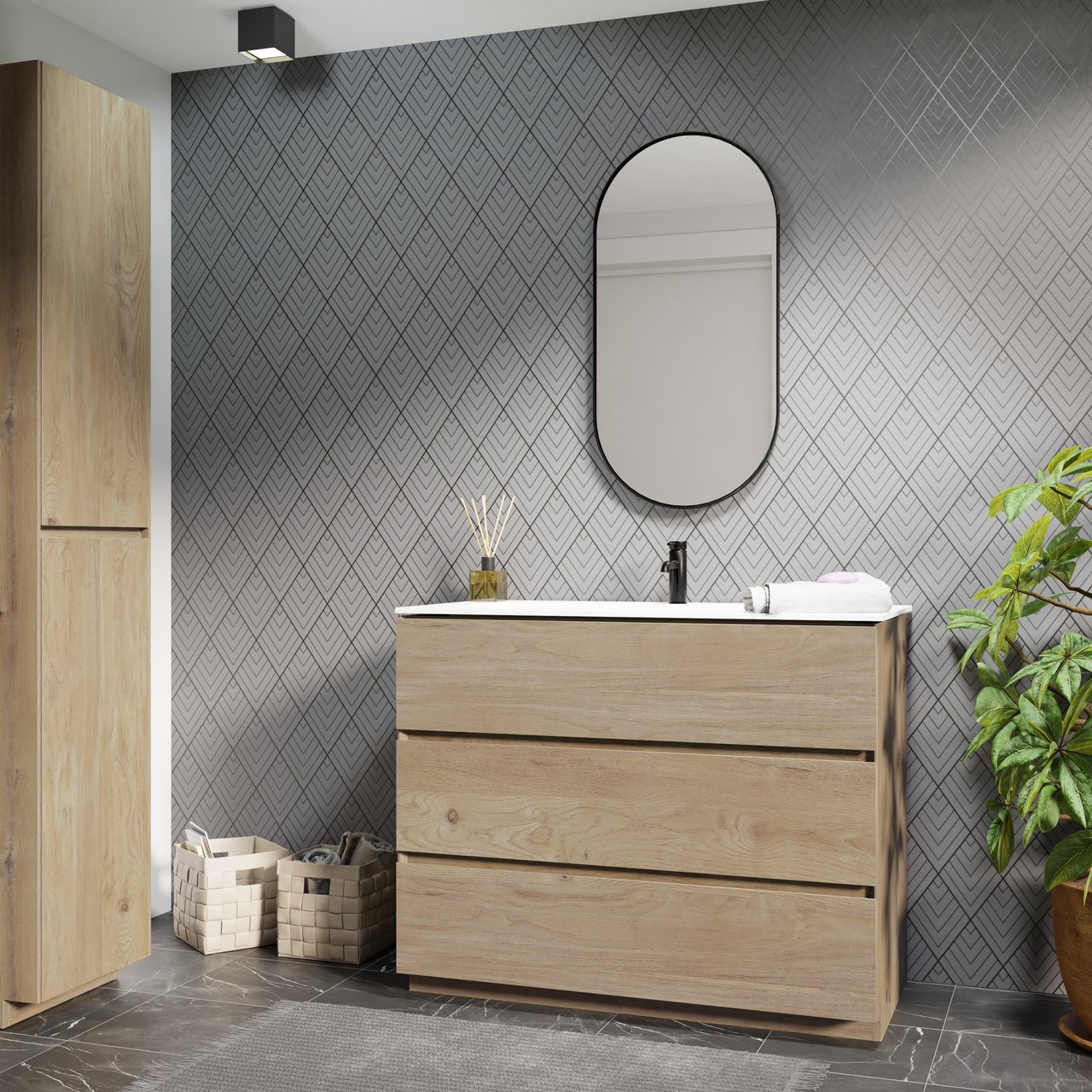 Storke Edge staand badkamermeubel 105 x 52 cm ruwe eik met Mata enkele wastafel voor 2 kraangaten in solid surface mat wit