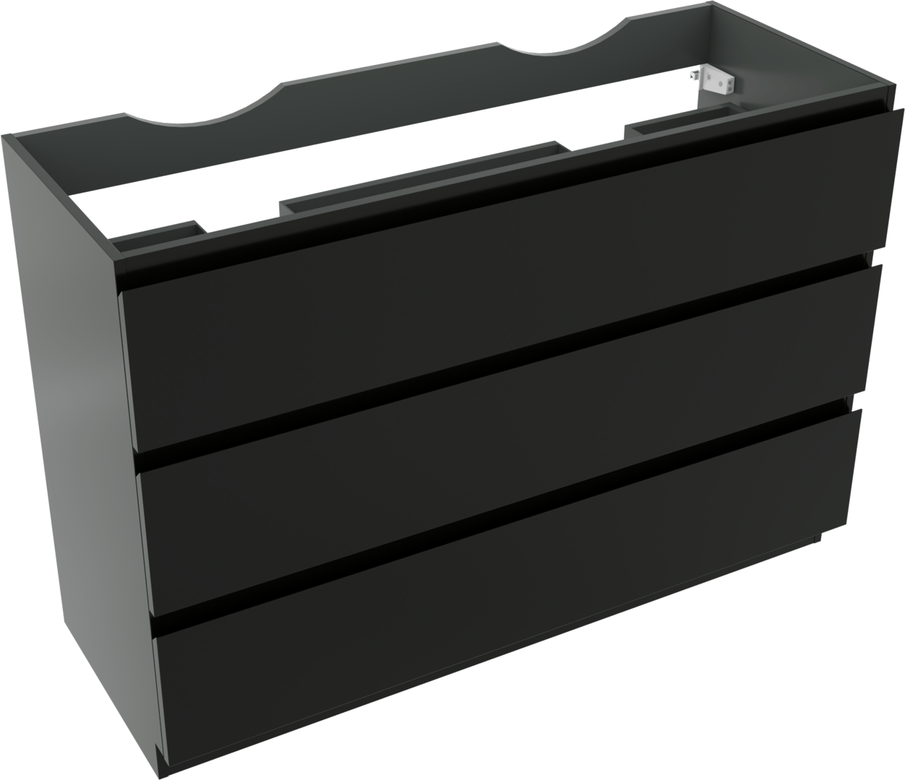 Linie Lado stehender Waschbeckenunterschrank: 120 x 46 cm, Schwarz Matt, 3 Schubladen, 2 Siphonaussparungen