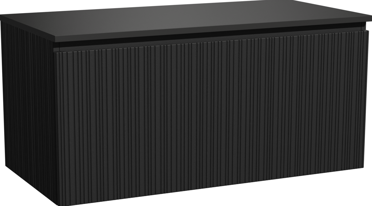 Storke Ribs zwevend badmeubel 105 x 52 cm zwart eiken met Panton enkel wastafelblad in gepoedercoate mdf mat zwart, Verticale asymmetrische rechte ribbel