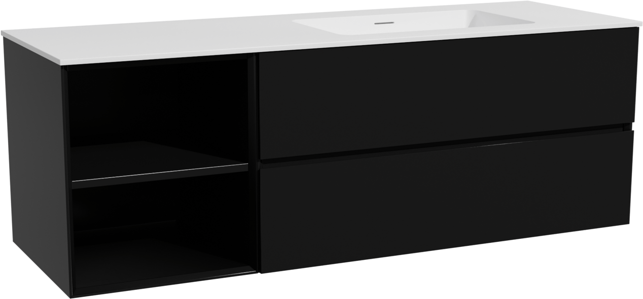 Storke Edge meuble salle de bains suspendu 150 x 52 cm noir mat avec Mata plan vasque asymétrique à droite en solid surface blanc mat