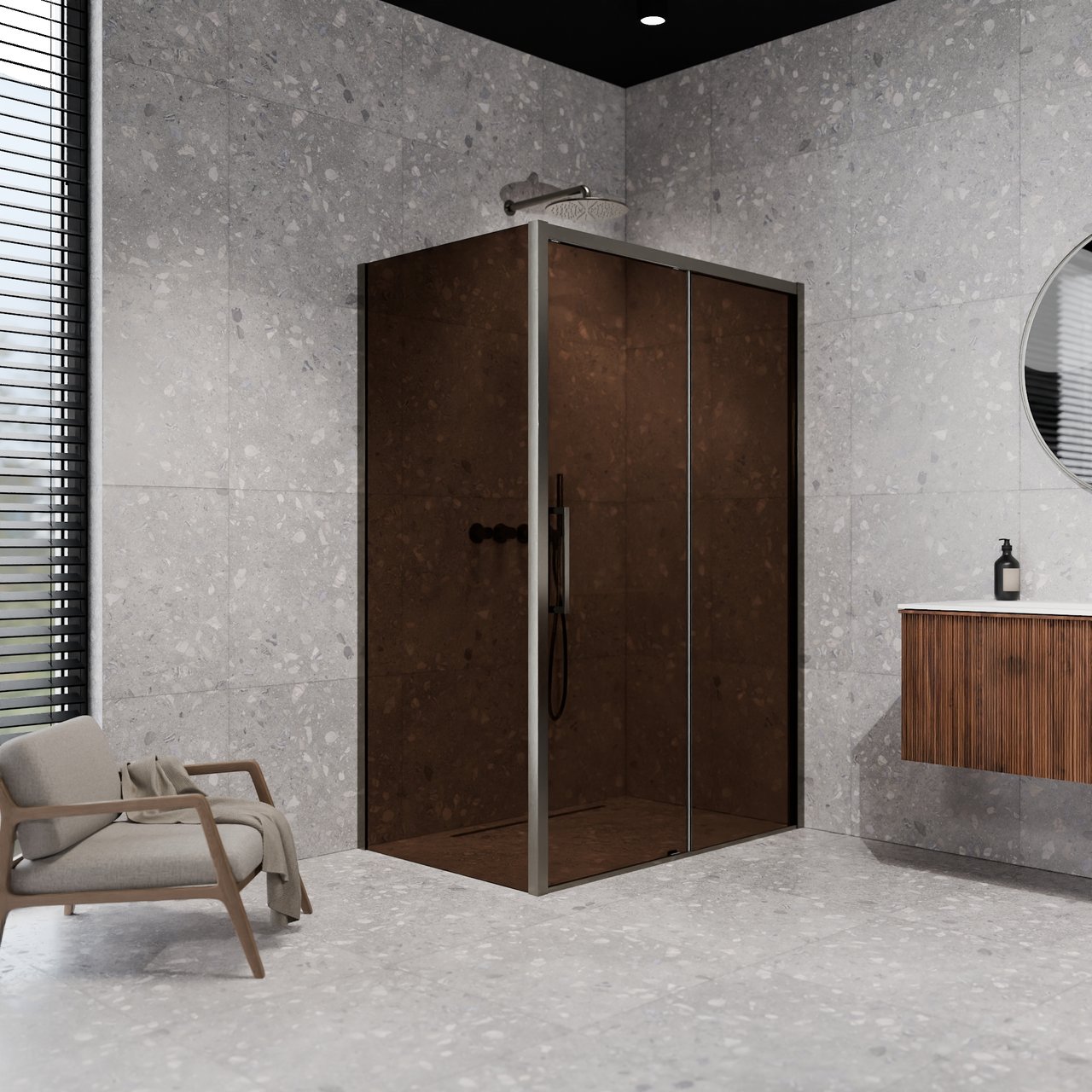 Balmani Senses Design douchehoek met rechtse schuifdeur en vaste zijwand, 120 x 100 cm, Brons, Brushed GunMetal profielen, met coating