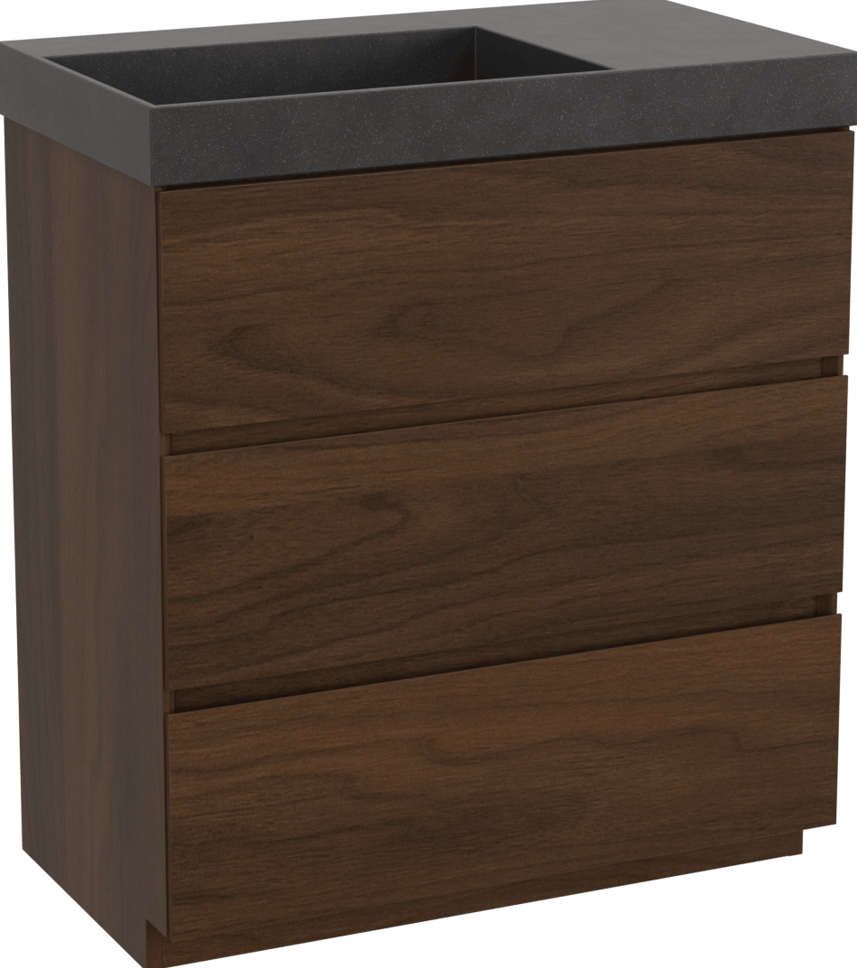 Storke Edge freistehendes Möbelstück Set: 80 x 46 cm, Nussbaum, mit Jura Waschtisch links, Quarz Schwarz matt