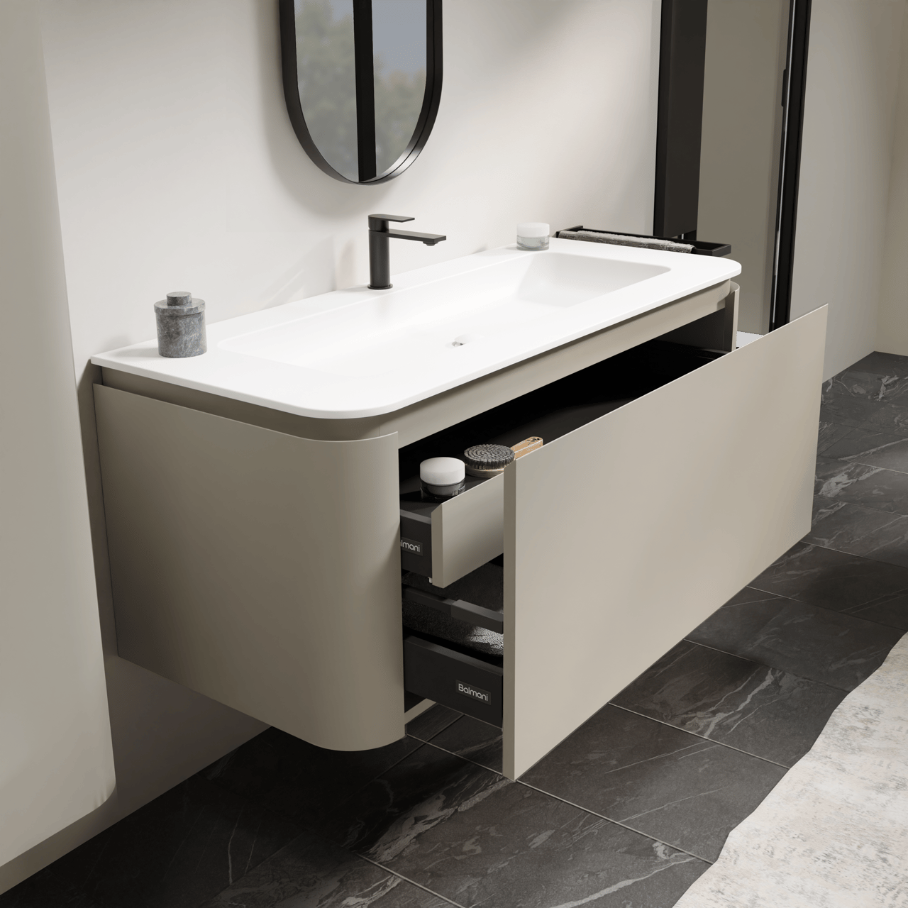 Balmani Moon enkele ruime wastafel mat witte Solid Surface 130 x 55 cm