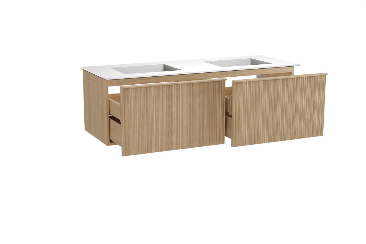 Balmani Forma zwevend badkamermeubel 150 x 55 cm natuur eik met Tablo Stretto dubbele wastafel in solid surface mat wit, Verticale asymmetrische ronde ribbel