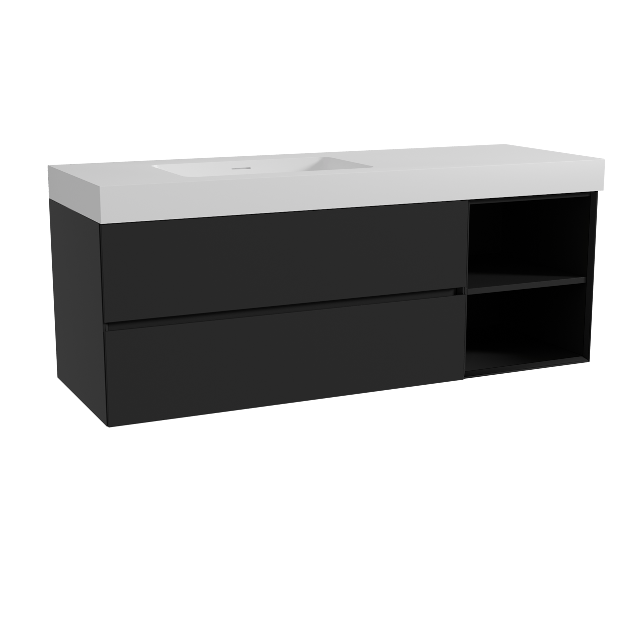 Storke Edge hängendes Möbelstück Set: 150 x 52 cm, Schwarz matt, mit Mata High Waschtisch links, Solid Surface Weiß matt