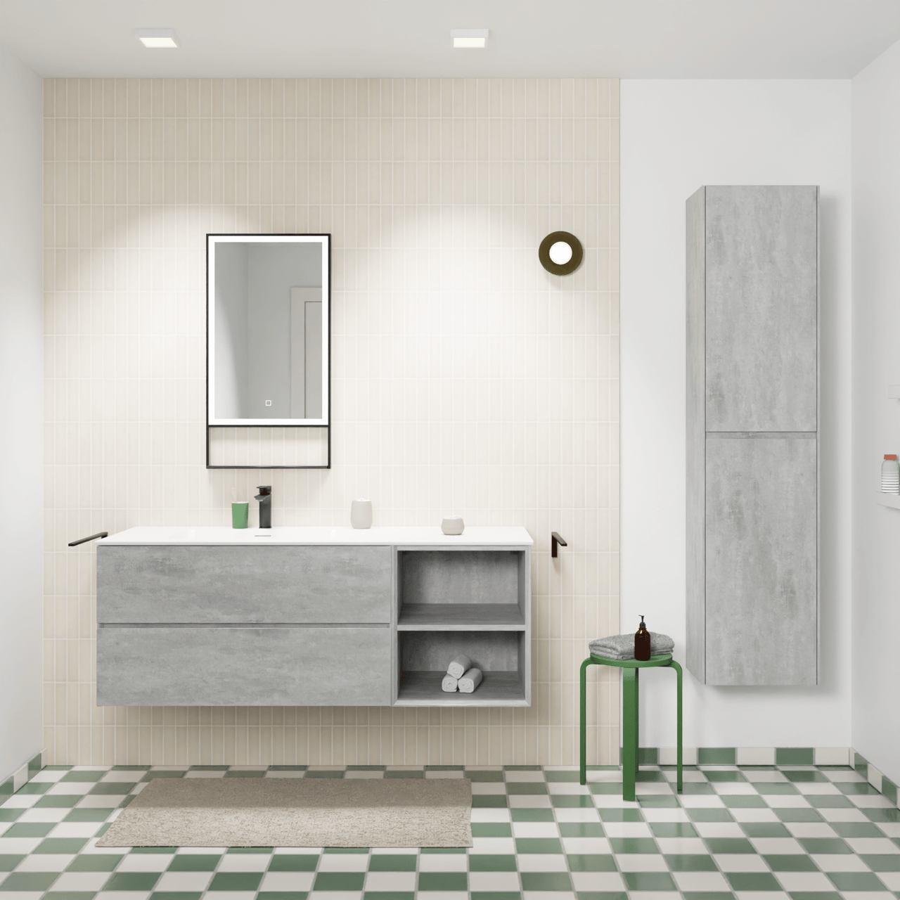 Storke Edge zwevend badkamermeubel 140 x 52 cm beton donkergrijs met Mata asymmetrisch linkse wastafel in solid surface mat wit