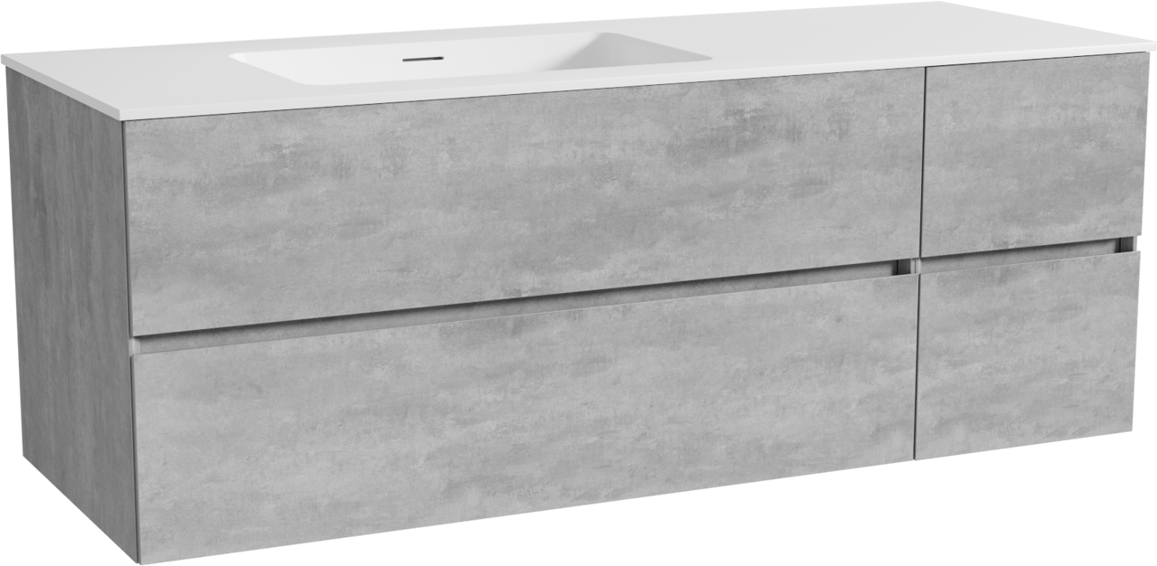 Storke Edge zwevend badmeubel 140 x 52 cm beton donkergrijs met Mata asymmetrisch linkse wastafel in solid surface mat wit