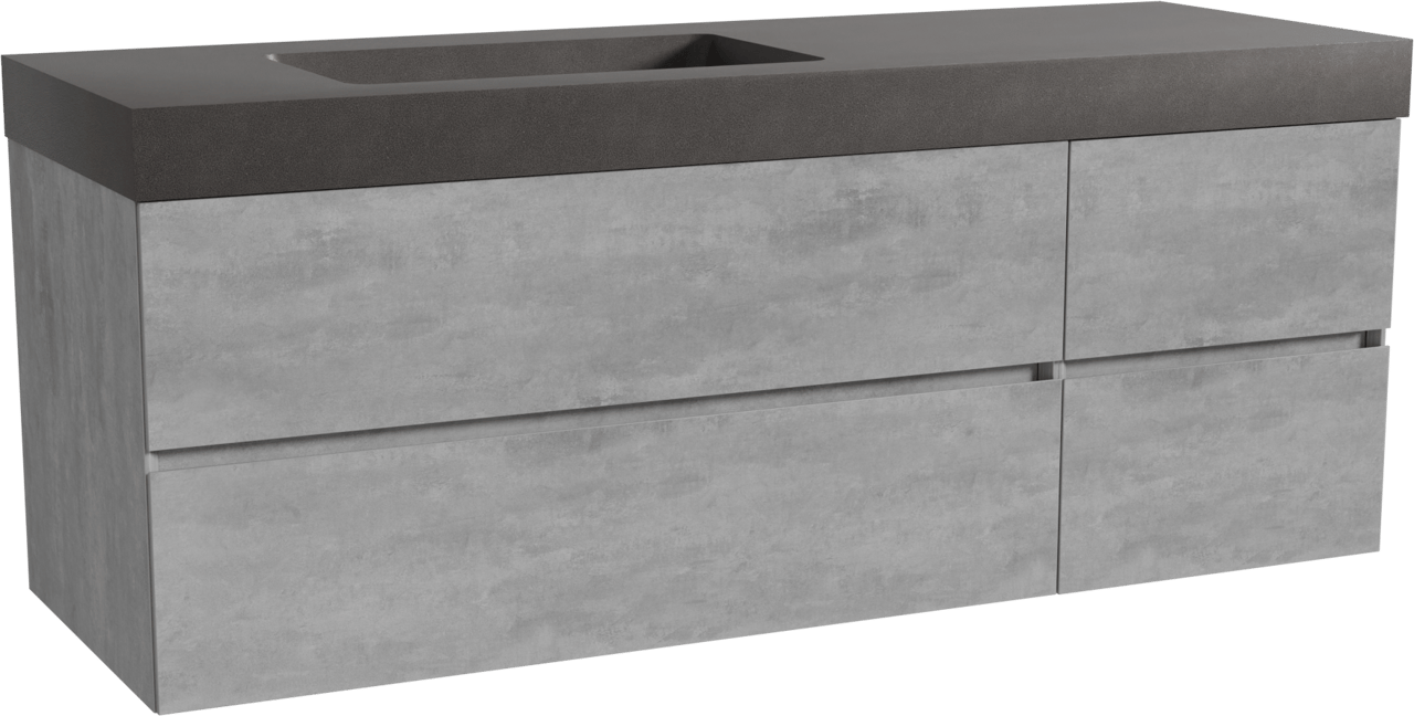 Storke Edge zwevend badkamermeubel 150 x 52 cm beton donkergrijs met Scuro High asymmetrisch linkse wastafel in kwarts mat zwart