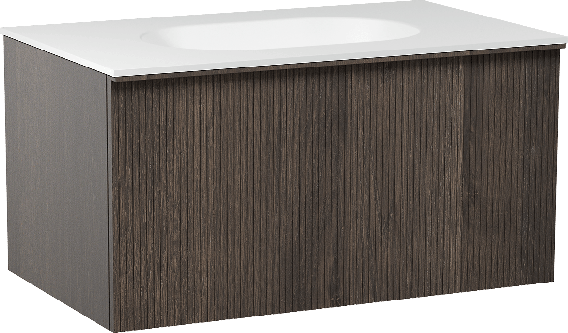 Balmani Forma meuble salle de bains suspendu 90 x 55 cm chêne fumé avec Tablo Oval plan simple en solid surface blanc mat, Nervure droite symétrique verticale