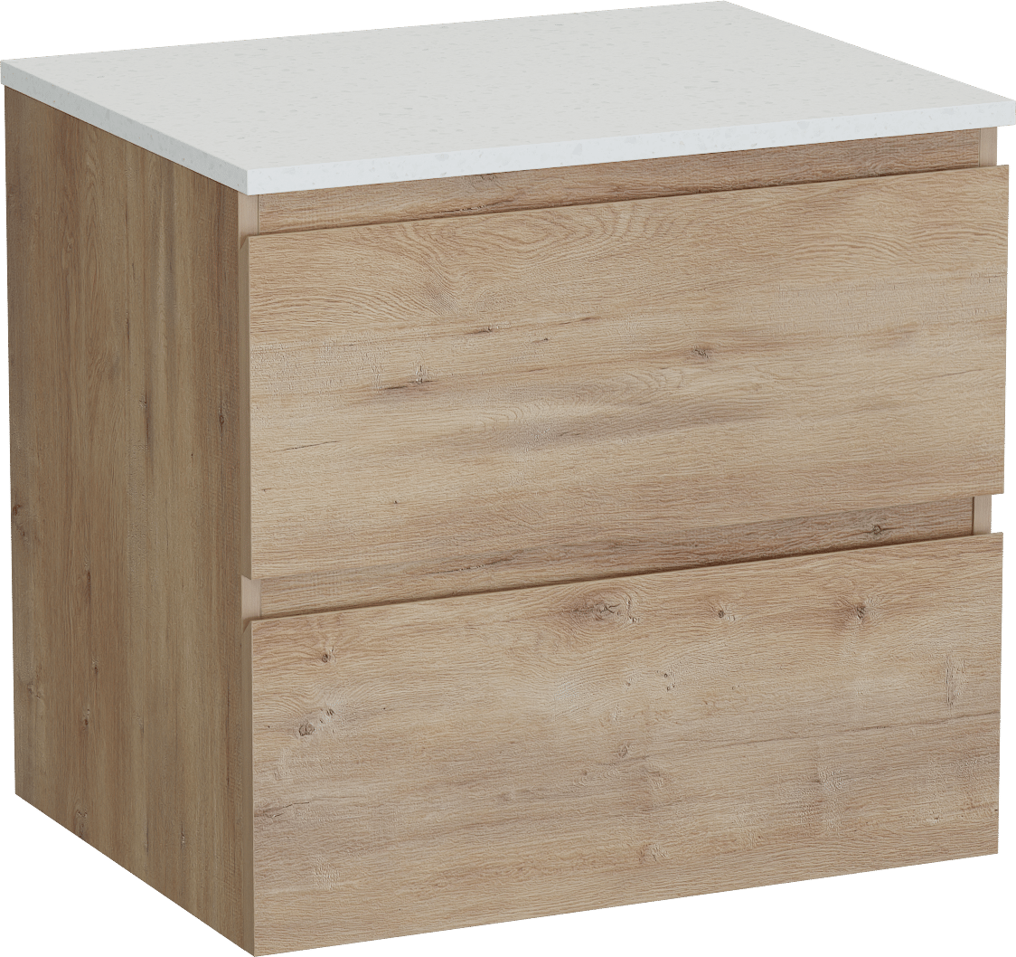 Linie Lado zwevend badkamermeubel 60 x 46 cm natuur eik met Lado enkel tablet in melamine terrazzo wit
