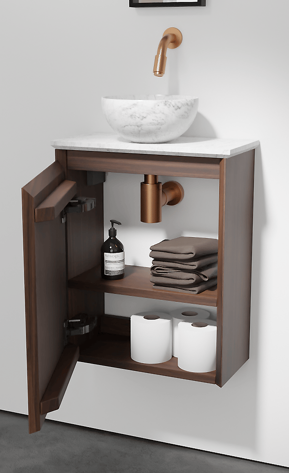 Balmani Mitra zwevend toiletmeubel 42 x 21 cm amerikaanse notelaar met Facetta tablet en Bari XS waskom in Carrara marmer
