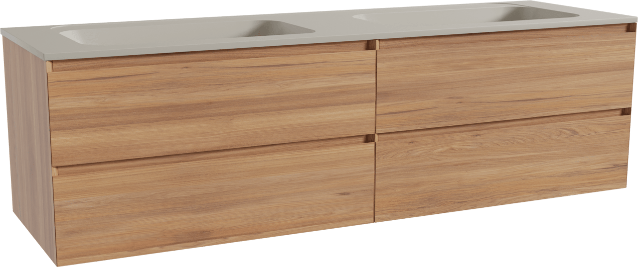 Balmani Mitra meuble salle de bains suspendu 180 x 55 cm teck avec Tablo Strada double vasque en marbre composite soie grise