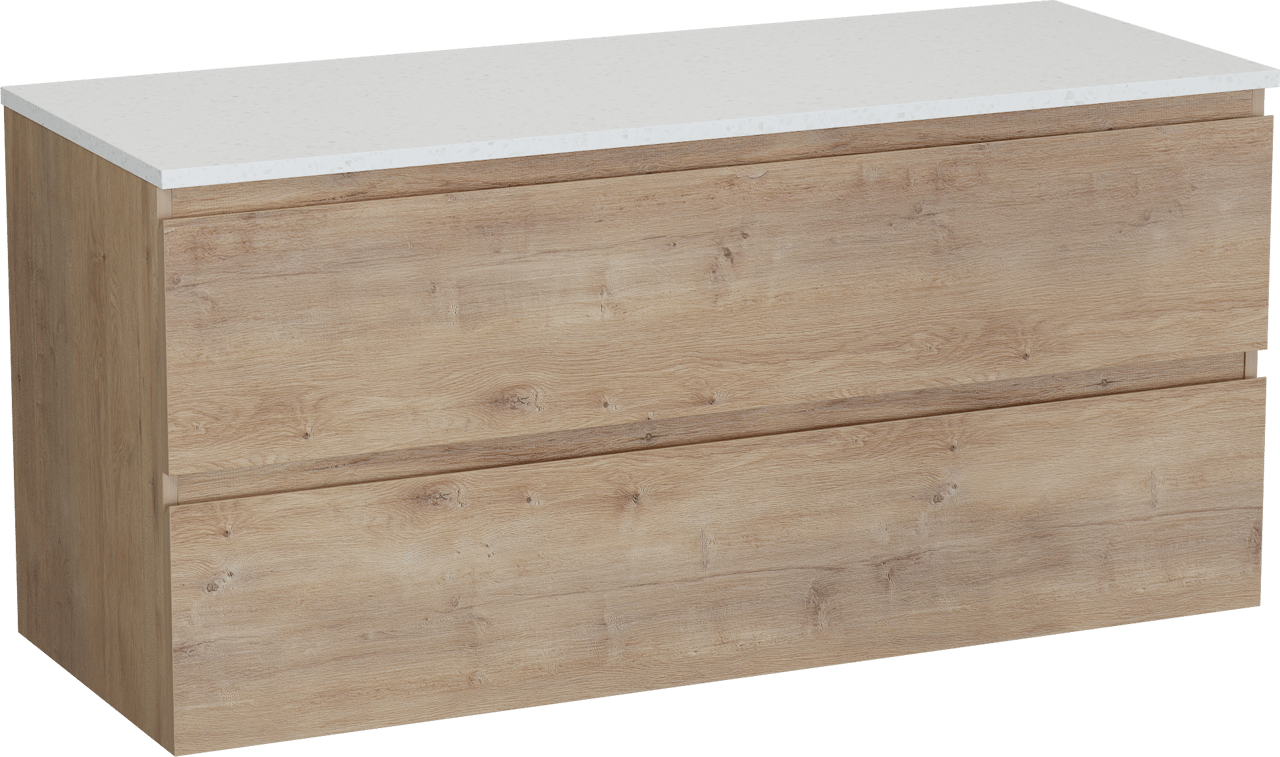 Linie Lado meuble salle de bains suspendu 120 x 46 cm chêne naturel avec Lado tablette simple ou double en mélaminé terrazzo blanc