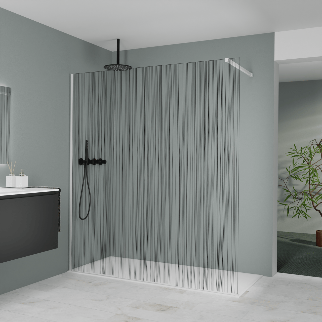 Balmani Modular inloopdouche: 180 x 200 cm, Mikado met coating, Mat witte profielen