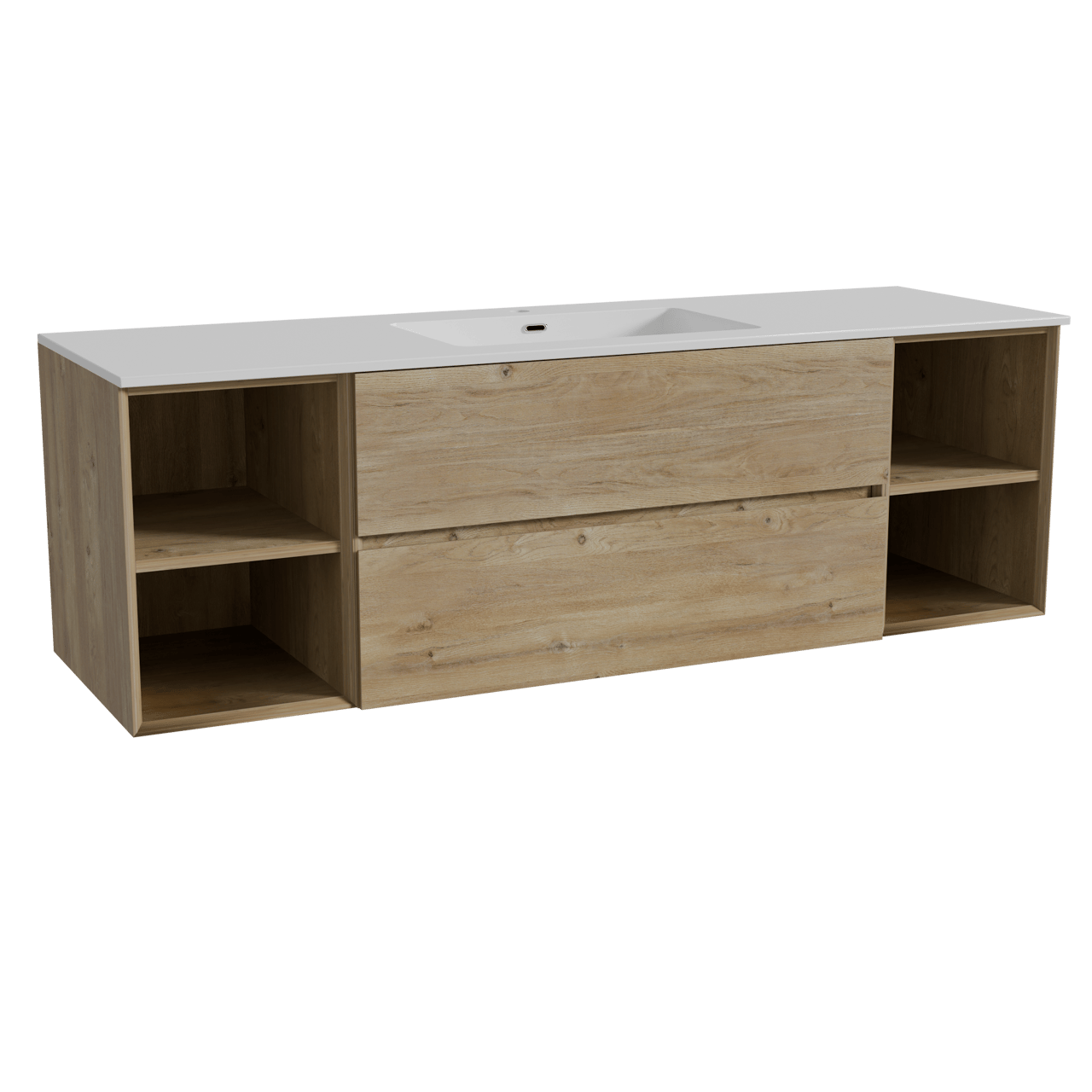 Storke Edge hängendes Möbelstück Set: 165 x 52 cm, Rohe Eiche, mit Diva Einzelwaschtisch, Marmorkomposit Weiß glänzend