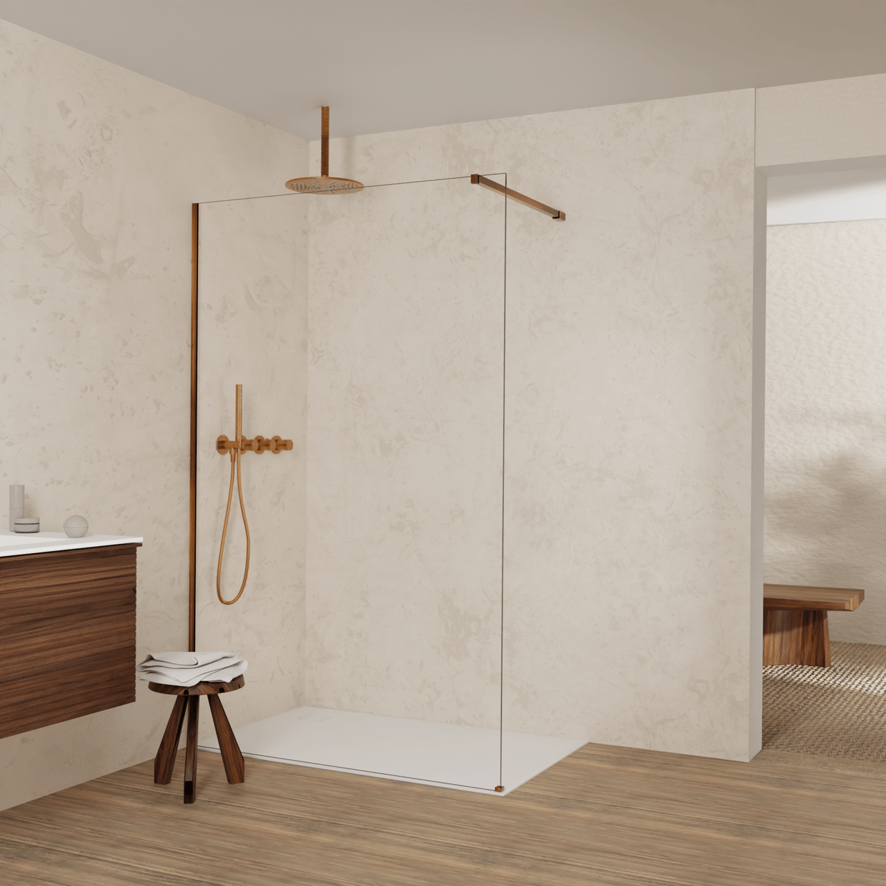 Balmani Modular inloopdouche: 130 x 200 cm, Helder glas, Brushed Rosegold profielen