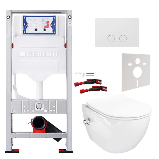 Luca Varess Moreno bidet blanc brillant sans rebord avec Geberit Sigma réservoir de chasse encastré UP320 avec cadre Burda et plaque de commande