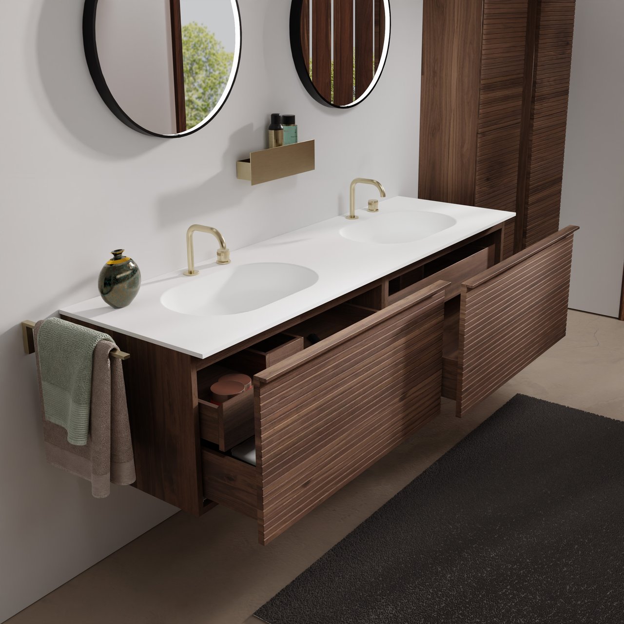 Balmani Forma zwevend badmeubel 180 x 55 cm amerikaans notenhout met Tablo Oval dubbele wastafel in solid surface mat wit, Horizontale symmetrische rechte ribbel
