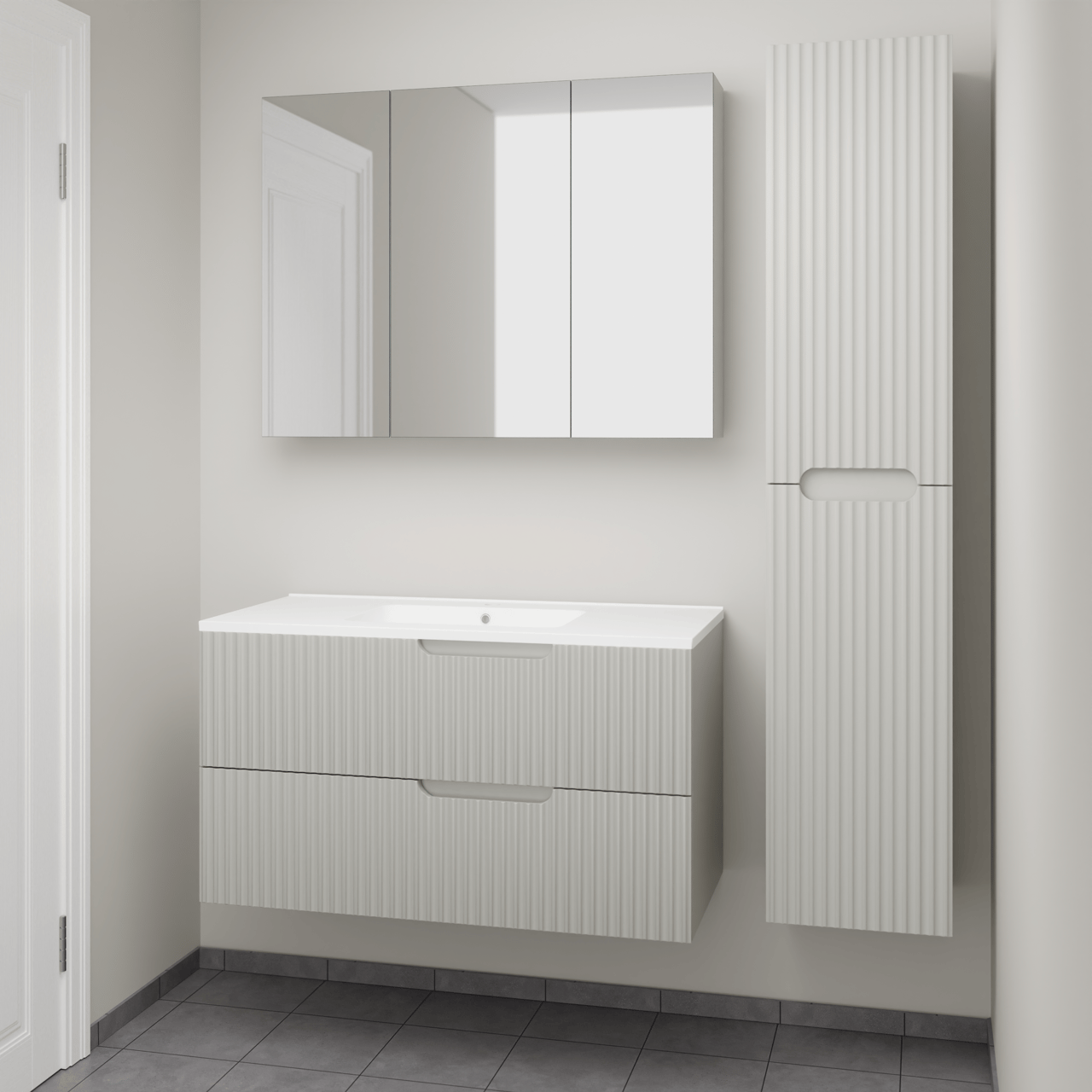 Linie Ribbo zwevend badkamermeubel 100 x 46 cm greige met Vano enkele wastafel in composietmarmer mat wit, Verticale symmetrische ronde ribbel, Montro spiegelkast en Ribbo badkamerkast