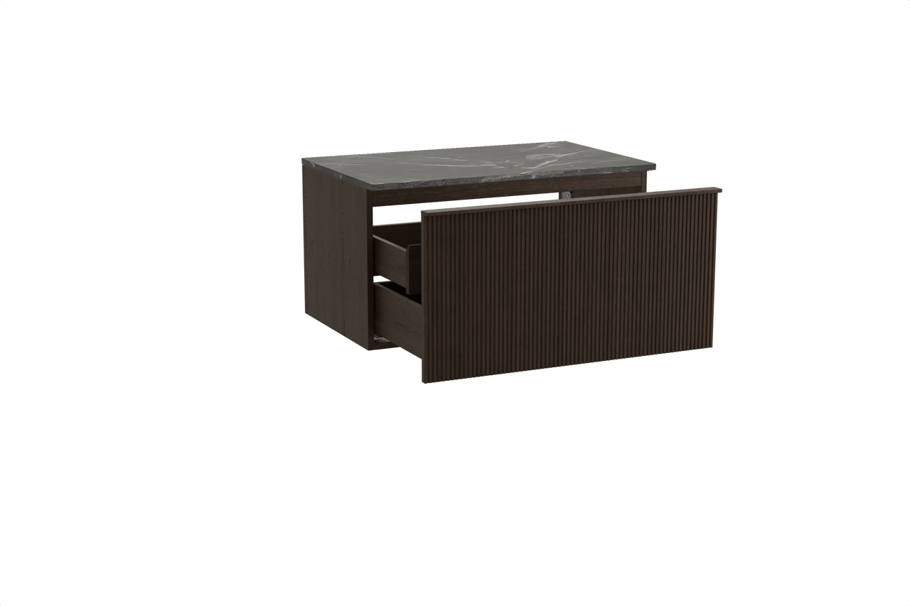 Balmani Forma zwevend badkamermeubel 90 x 55 cm gerookte eik met Stretto enkel tablet in marmer pietra grey, Verticale symmetrische rechte ribbel