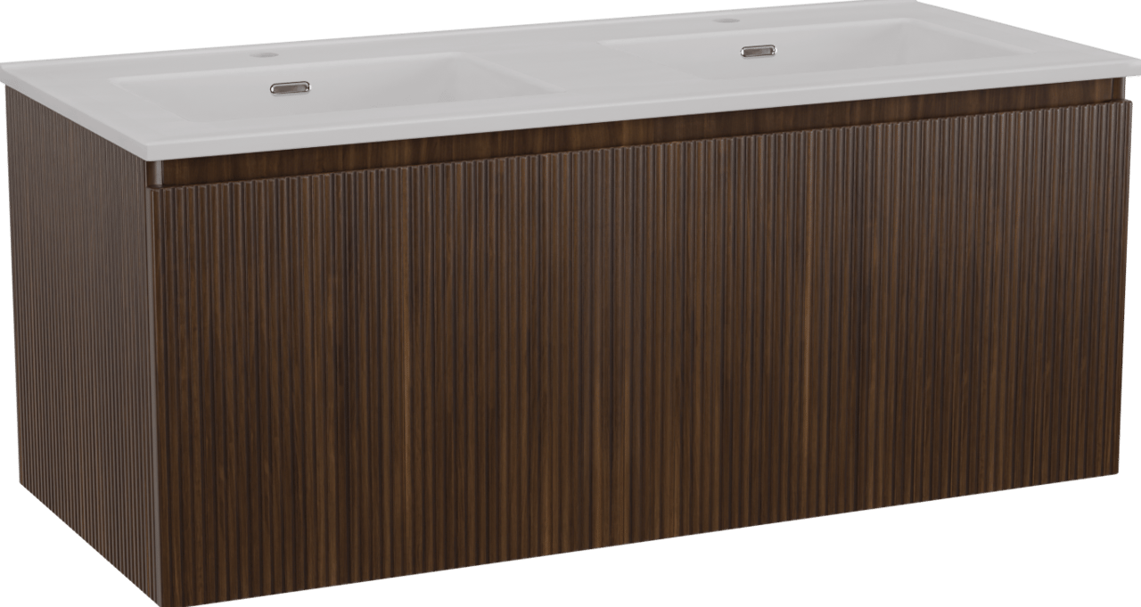 Storke Ribs zwevend badmeubel 120 x 52 cm notenhout met Kera dubbele wastafel in porselein hoogglans wit, afvoerpluggen inbegrepen