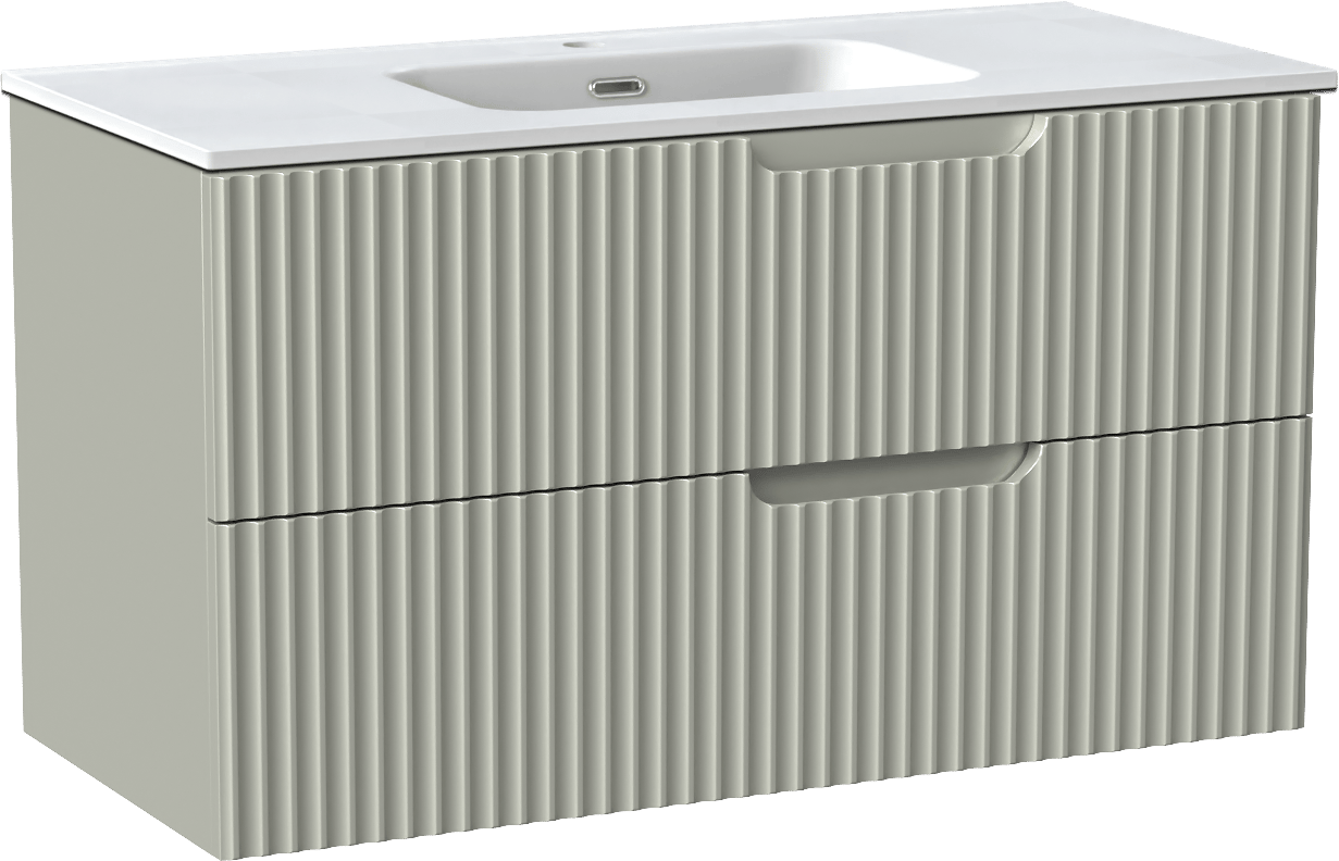 Linie Ribbo meuble salle de bains suspendu 100 x 46 cm greige avec Baro plan simple en porcelaine blanc mat, Nervure circulaire symétrique verticale
