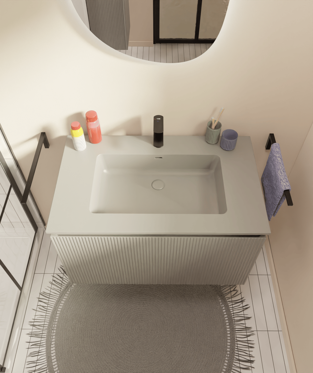 Storke Ribs meuble sous-lavabo suspendu 85 x 52 cm soie grise 2 tiroirs
