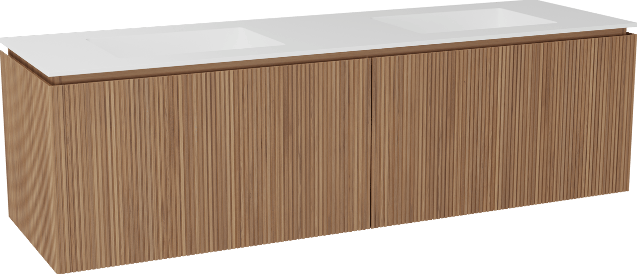 Balmani Eclips meuble salle de bains suspendu 180 x 55 cm Teck avec Tablo Stretto double vasque en Solid Surface blanc mat, Nervure droite symétrique verticale