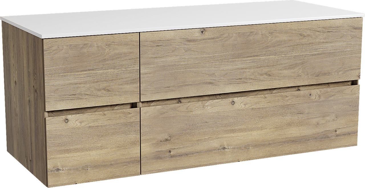 Storke Edge meuble salle de bains suspendu 130 x 52 cm chêne brut avec Tavola tablette simple ou double en solid surface blanc mat