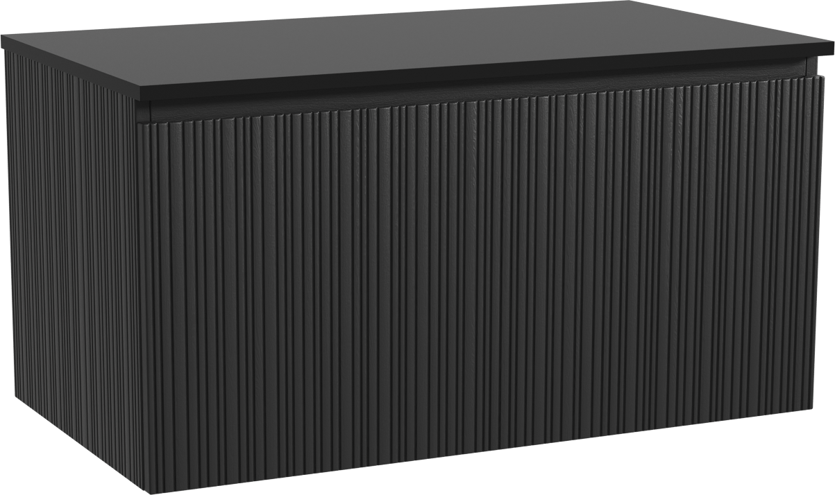Storke Ribs zwevend badkamermeubel 95 x 52 cm zwarte eik met Panton enkel tablet in gepoedercoate mdf mat zwart, Verticale asymmetrische rechte ribbel