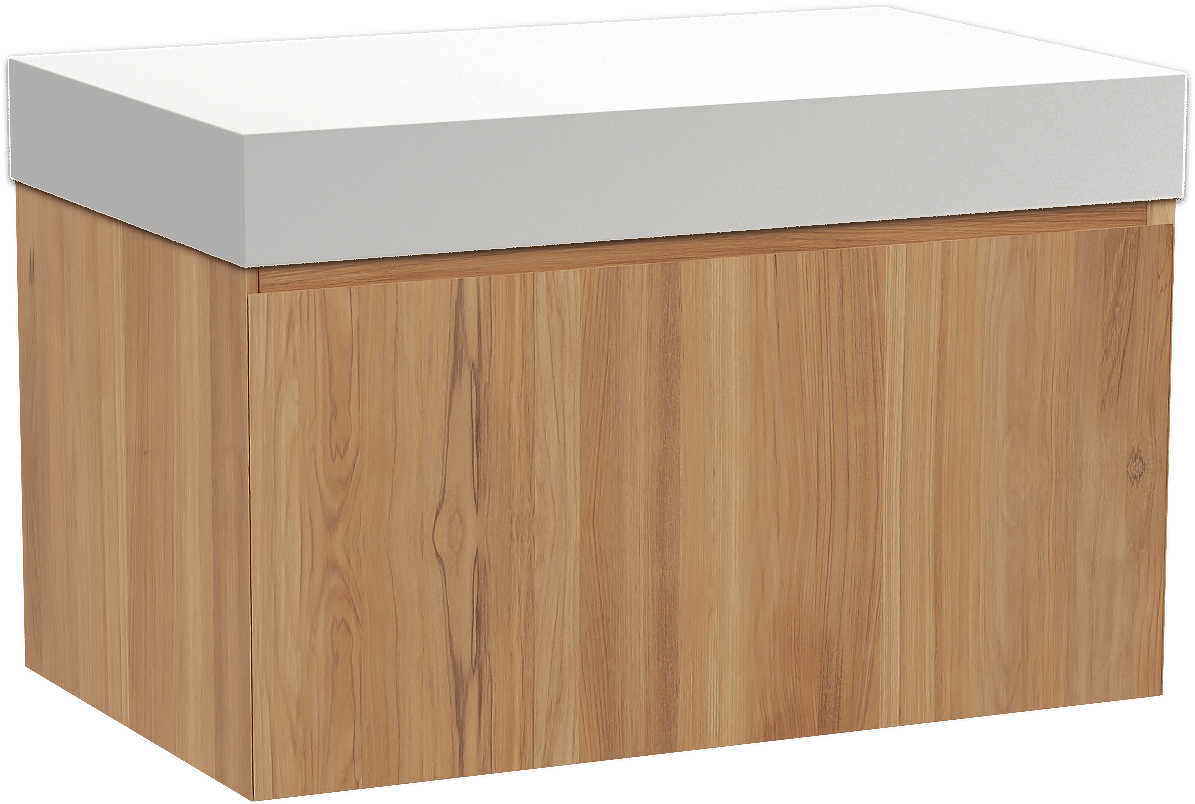 Balmani Idra by Mitra hängendes Möbelstück Set: 90 x 55 cm, Teak, mit Dominus Einzel Waschtischplatte, Solid Surface Weiß matt