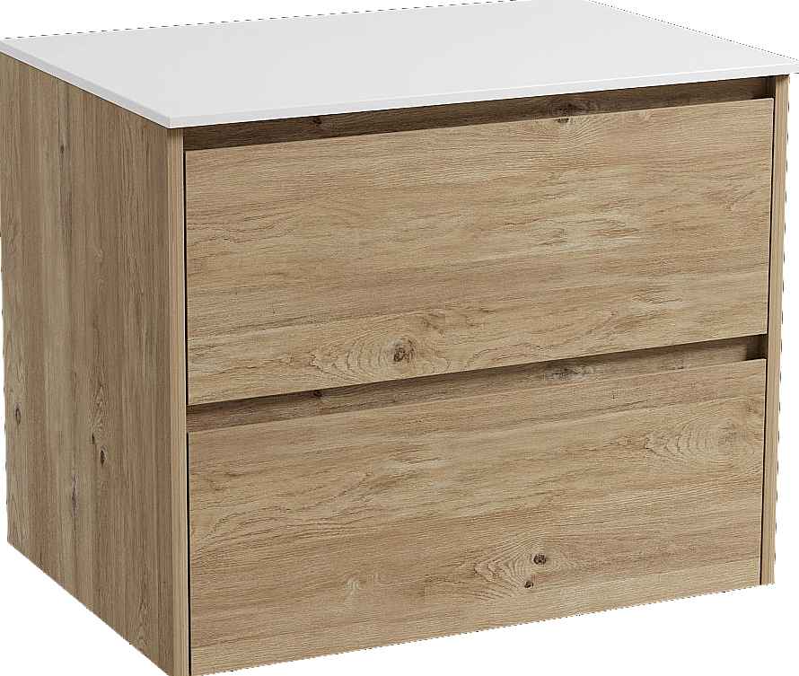 Storke Seda zwevend badkamermeubel 75 x 52 cm ruwe eik met Tavola enkel tablet in solid surface mat wit