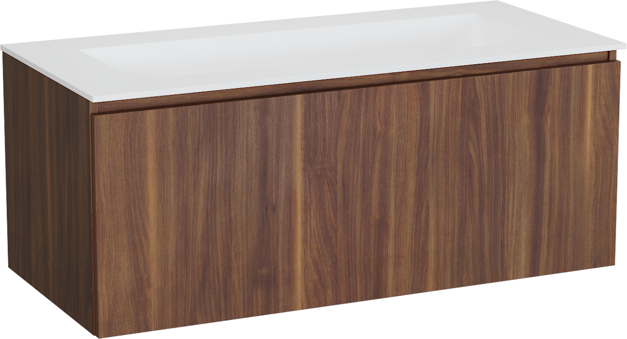 Balmani Sfera by Lucida zwevend badkamermeubel 120 x 55 cm amerikaanse notelaar met Tablo Stretto enkele wastafel voor 2 kraangaten in solid surface mat wit