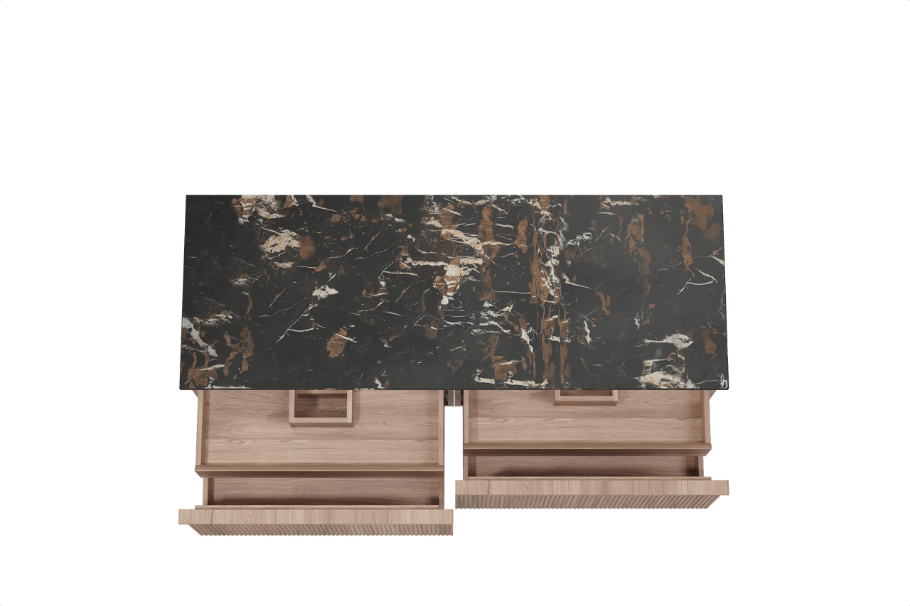 Balmani Forma zwevend badkamermeubel 150 x 55 cm teak met Stretto enkel of dubbel tablet in marmer portoro gold, Verticale symmetrische rechte ribbel