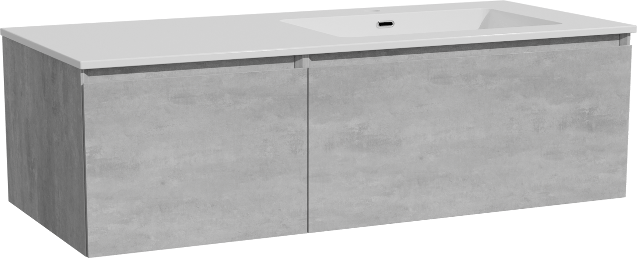 Storke Edge meuble salle de bains suspendu 120 x 52 cm béton gris foncé avec Diva plan vasque asymétrique à droite en marbre composite blanc brillant