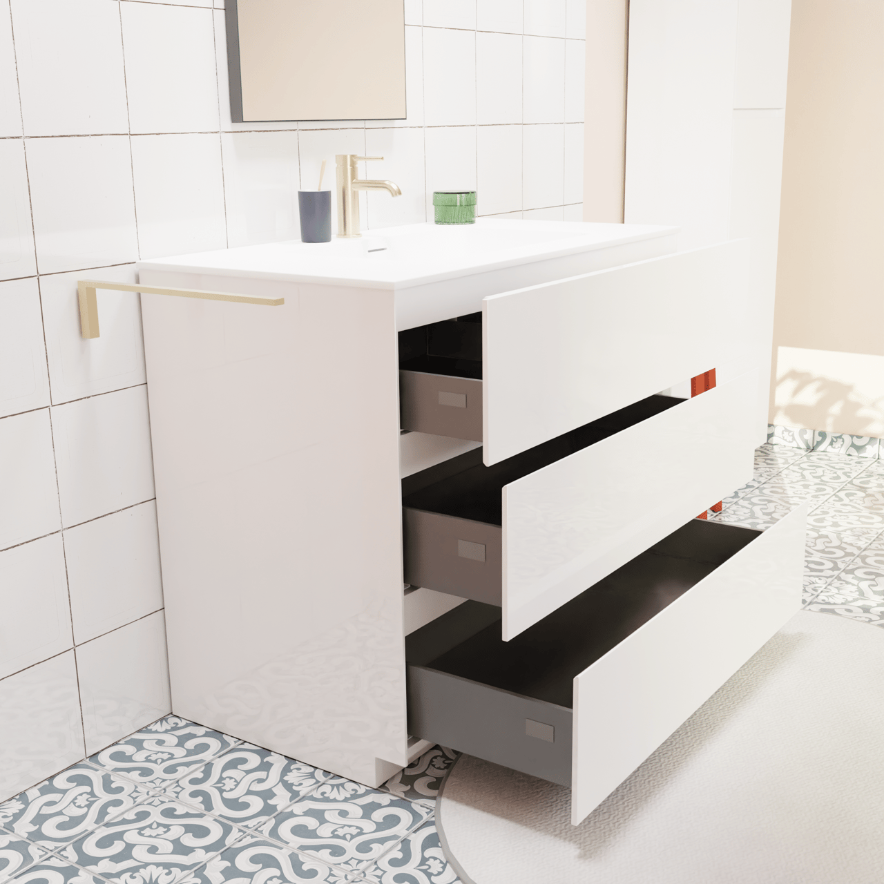 Storke Edge staand badkamermeubel 95 x 52 cm glanzend wit met Mata enkele wastafel in solid surface mat wit