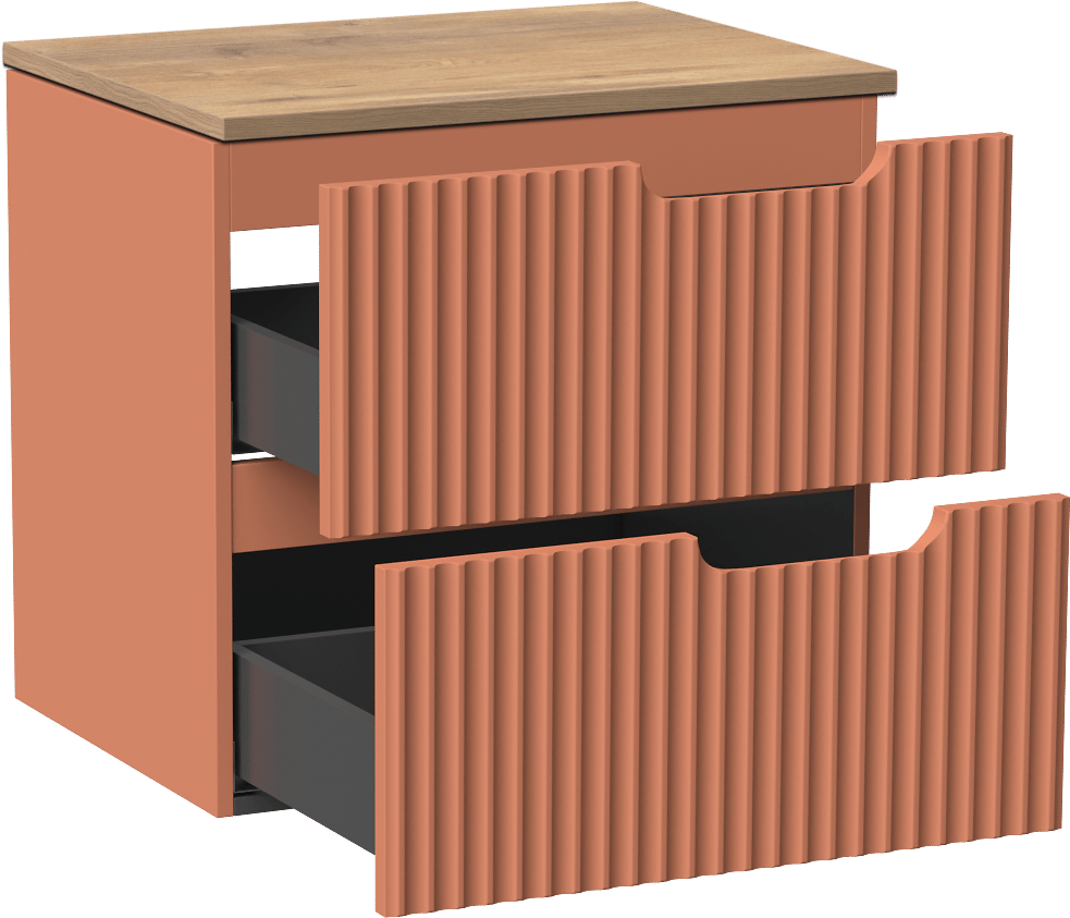 Linie Ribbo zwevend badkamermeubel 60 x 46 cm cotto met Lado enkel tablet in melamine natuur eik, Verticale symmetrische ronde ribbel
