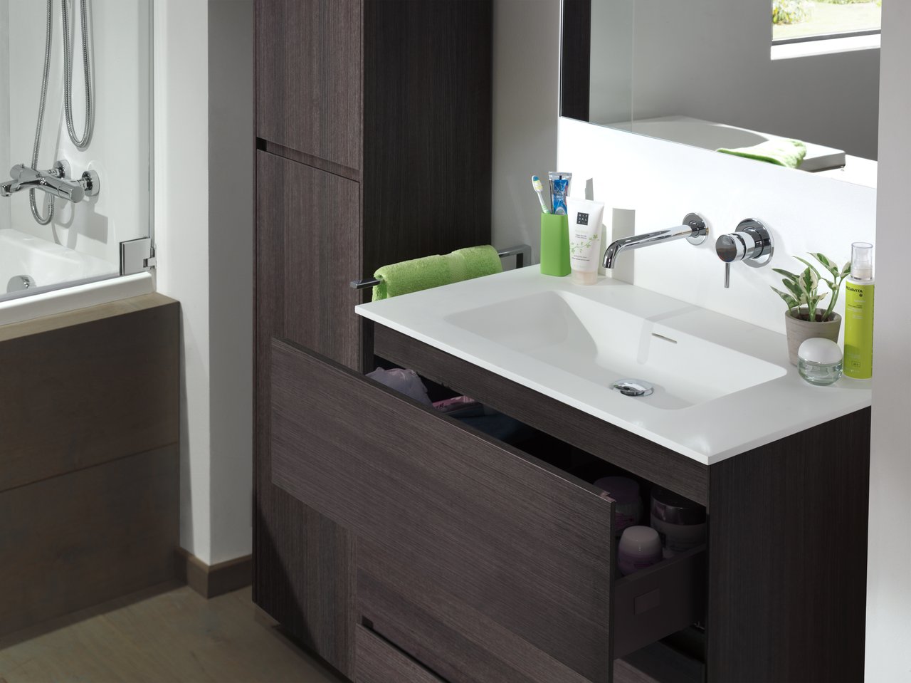 Storke Edge meuble sous-lavabo a poser 80 x 46 cm chêne foncé 3 tiroirs