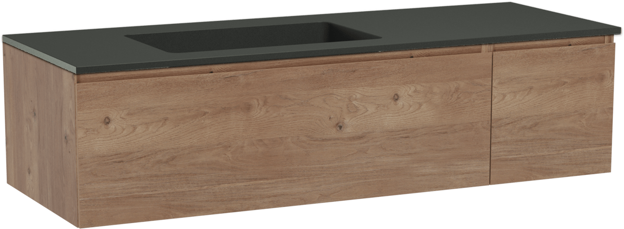 Storke Edge meuble salle de bains suspendu 140 x 52 cm chêne brut avec Scuro vasque asymétrique gauche en quartz noir mat
